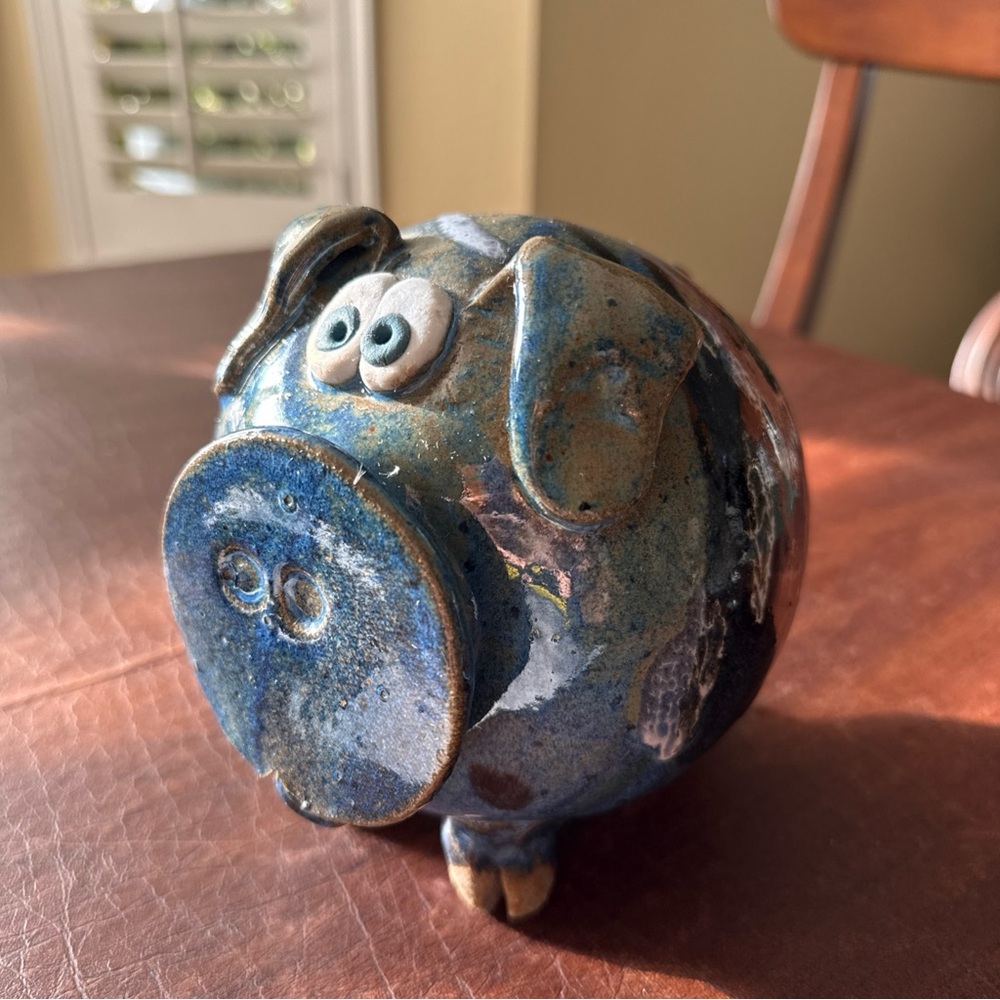 Handmade Studio Art Pottery Stoneware Ceramic Piggy Bank/Blue Glazed Finish; 6”T